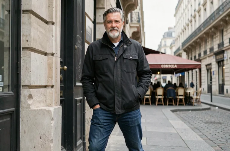 Homme grand aux cheveux poivre et sel debout devant une façade parisienne haussmannienne, illustrant une comparaison de taille avec l'architecture environnante