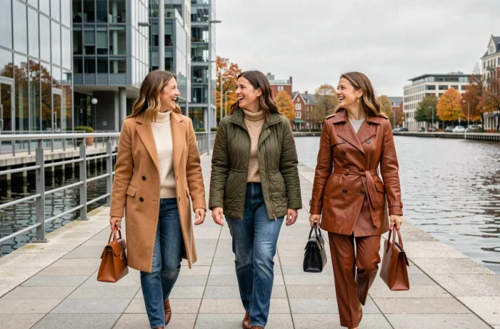 Trois femmes élégantes en manteaux d'automne marchant et riant ensemble sur un front de mer contemporain