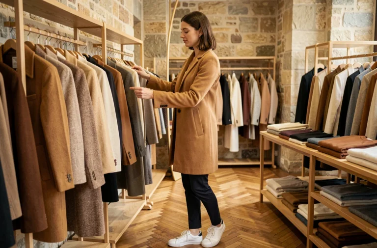 Femme élégante en manteau camel feuilletant des vêtements tendance dans une boutique parisienne chic