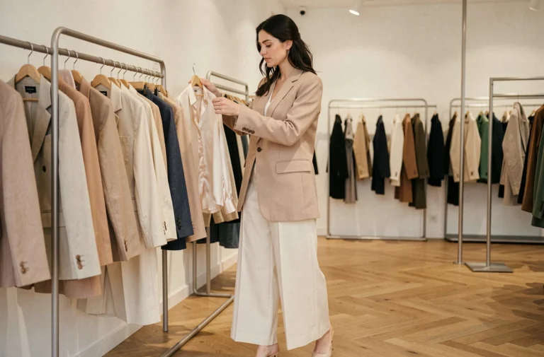 Femme élégante en blazer beige oversize parcourant les rayons d'une boutique de mode parisienne moderne