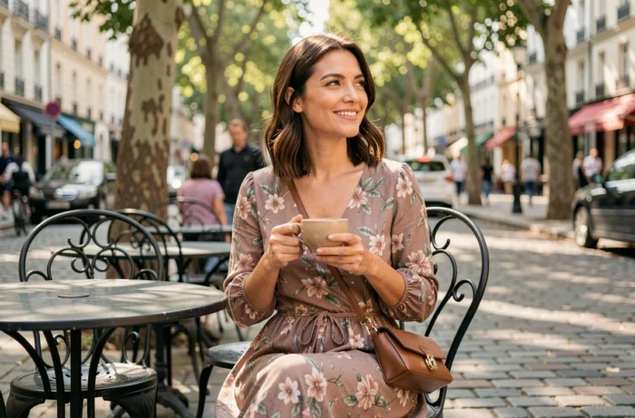 Jeune femme en robe fleurie mi-longue savourant un café en terrasse dans une rue animée de la ville