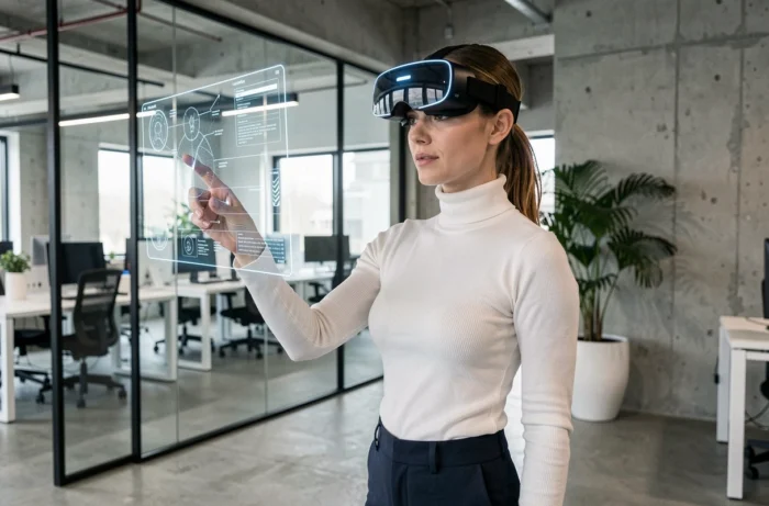 Femme utilisant un casque de réalité augmentée dans un bureau tech moderne aux murs en béton