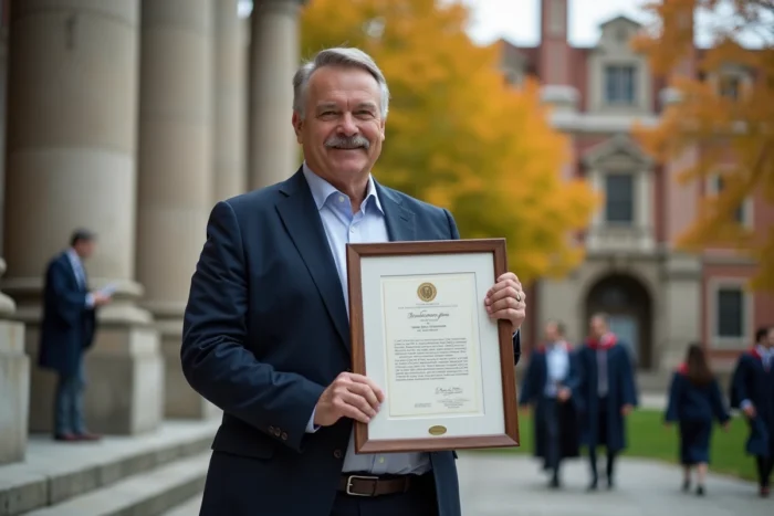 Homme en costume tenant un diplôme encadré sur les marches d'un bâtiment universitaire en pierre