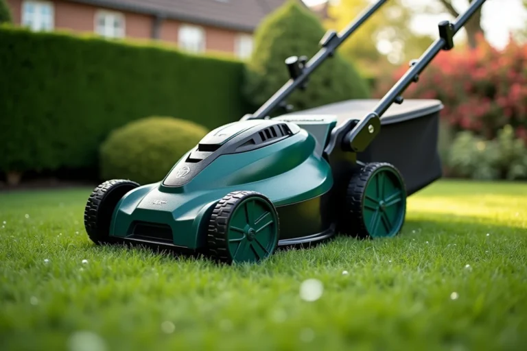 Tondeuse Bosch AdvancedRotak 770 sur une pelouse résidentielle soignée vue en angle bas trois quarts