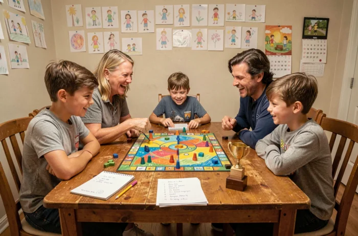 Une famille de cinq personnes jouant un tournoi de jeux de société mensuel autour d'une grande table avec un tableau des scores et un petit trophée fait maison