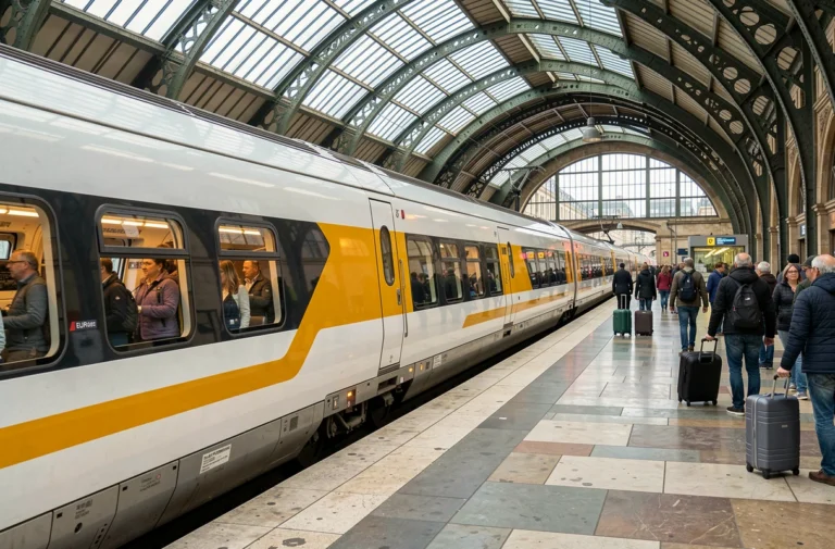 Train Eurostar arrivant en gare européenne avec voyageurs sur le quai
