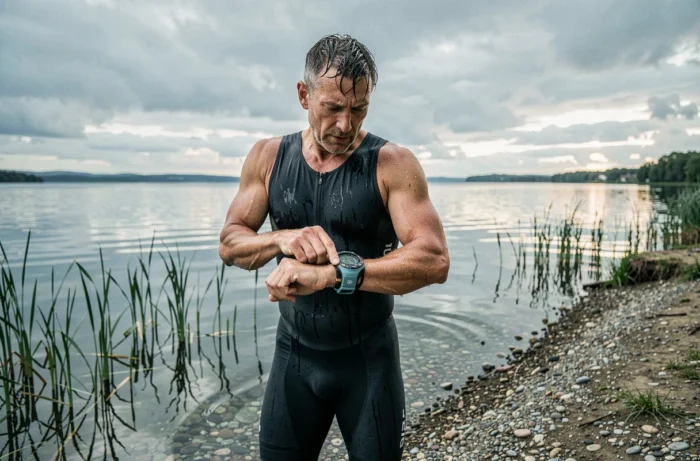 Triathlète masculin activant son chronomètre multisport au bord d'un lac après une nage en eau libre