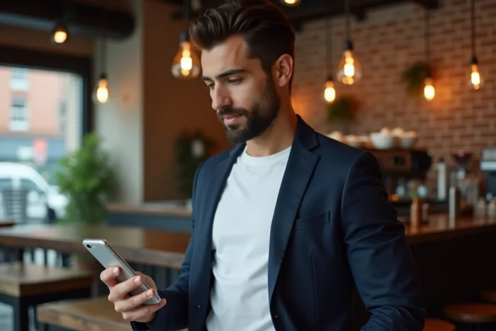 Homme tenant un smartphone affichant un profil Instagram à 100 000 abonnés dans un café branché