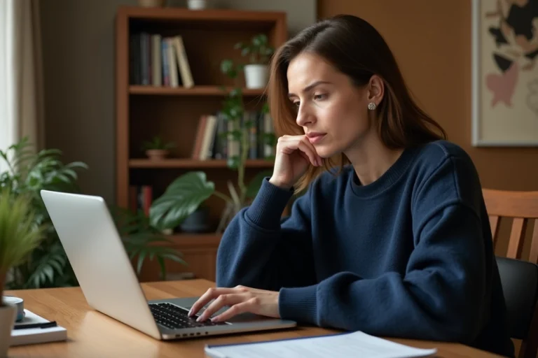 Femme consultant des avis clients en ligne sur un ordinateur portable pour vérifier la fiabilité d'une offre avant de réserver